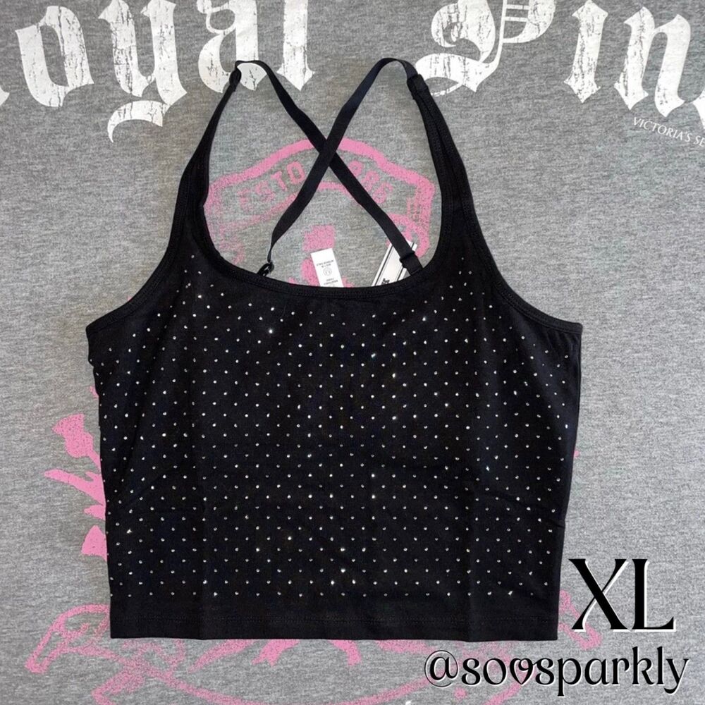 VS PINK Black Rhinestone Bling Built In Bra All-Day Cotton Square Neck XL